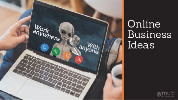 Open laptop on entrepreneur lap with text "Work anywhere with anyone."