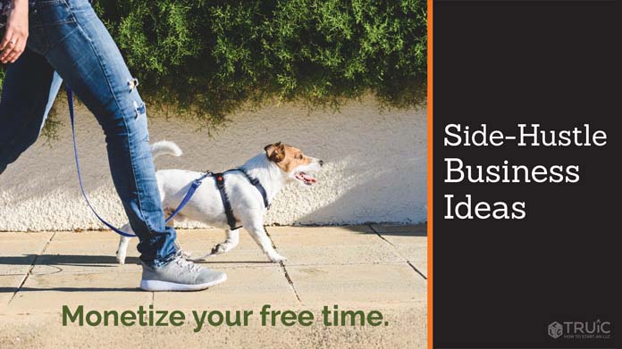 Person walking happy dog as part of her side hustle.